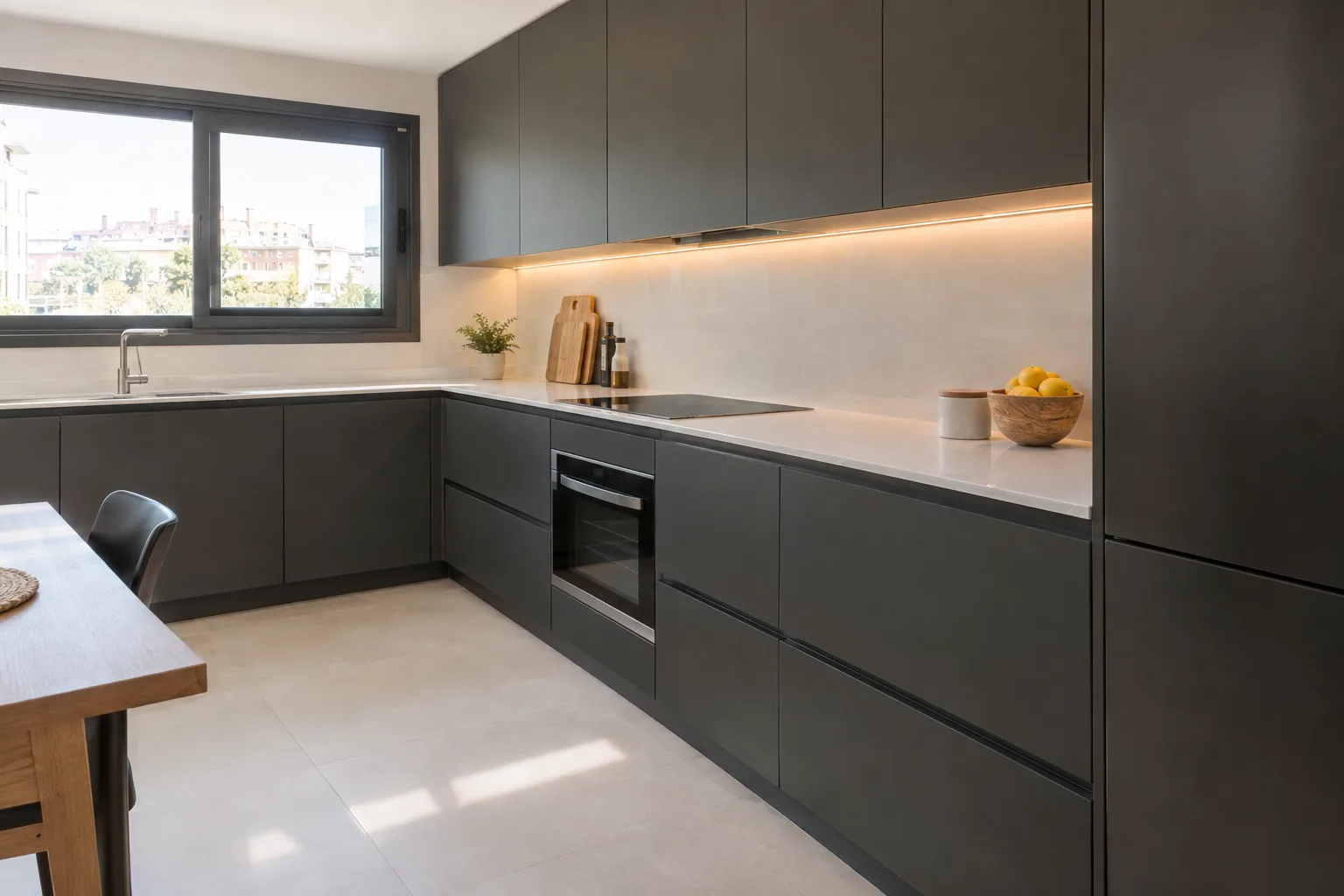 Cocina gris antracita con encimera de cuarzo blanco