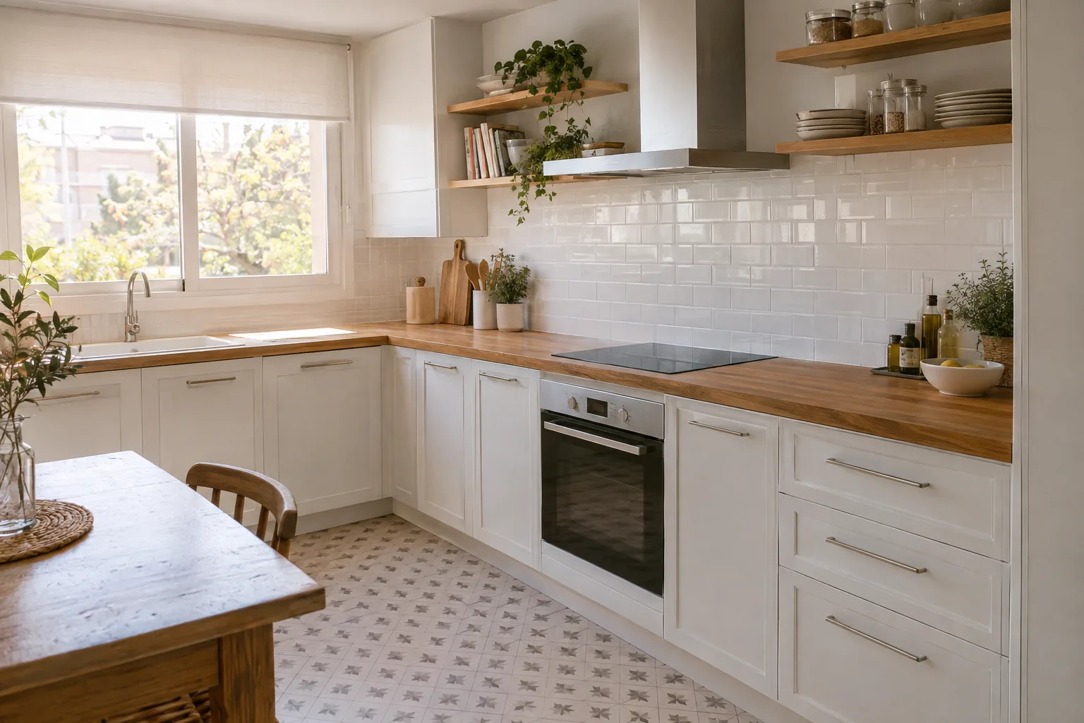 Cocina blanca con encimera de madera maciza
